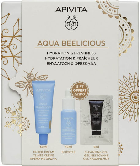 Apivita Aqua Beelicious Routine Skin Care Set for Moisturizing, Facial Cleaning & Brightening with Color 3pcs