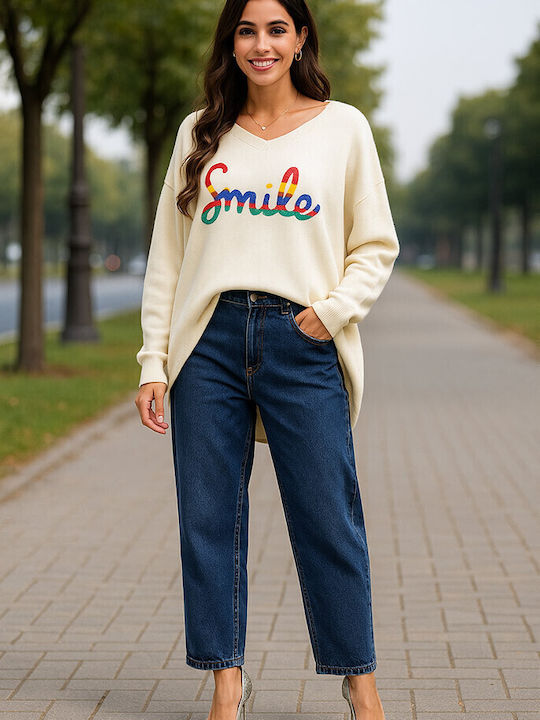 Pulover Damă cu Decolteu Tip Zâmbet Alb