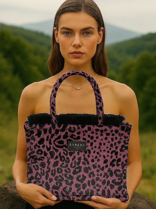 Leopard Velvet Γυναικεία Τσάντα Tote Χειρός Μωβ