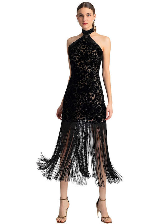Moutaki Midi Evening Velvet Dress Black-Beige