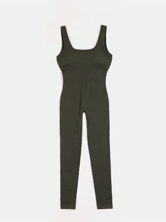 Fitted One-piece Jumpsuit Wide Strap Khaki Khaki