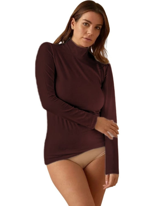Jadea Langärmelig Coffee Damen T-Shirt Rollkragen