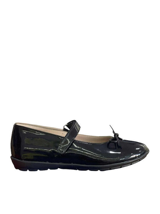 Kids Leather Ballerinas with Hoop & Loop Closure Black