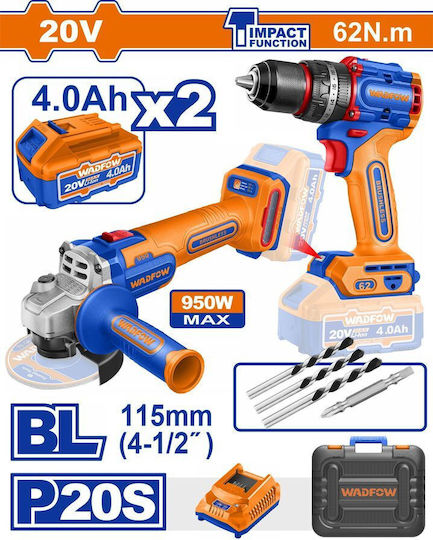 Wadfow WCK20273E Set Angle Wheel & Impact Drill Driver Brushless 20V with 2 Batteries 4Ah and Case