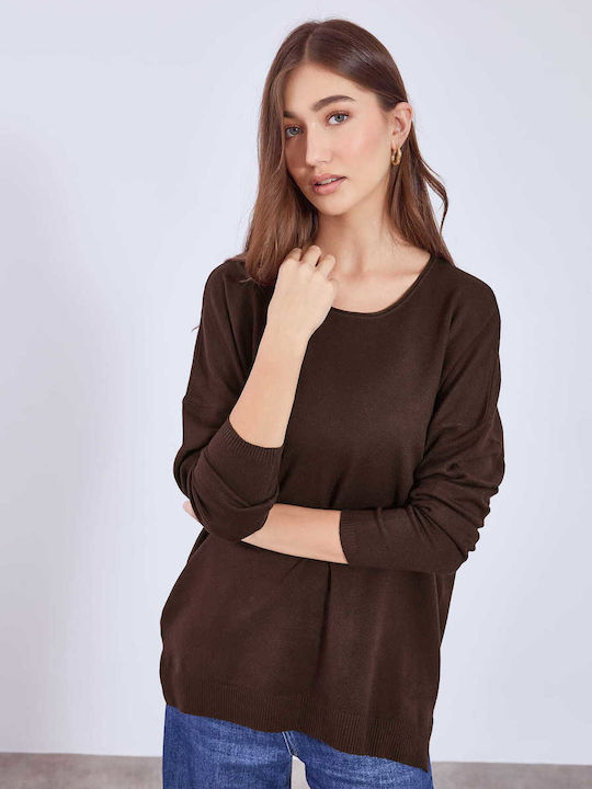 Celestino Women's Sweater Raw Edge Neckline Loose Fit Dark Brown