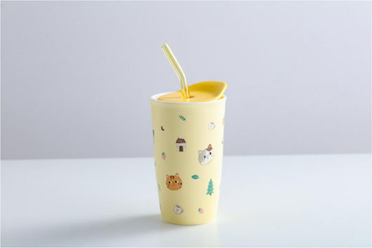 Spacecow Glass Water made of Ceramic in Yellow Color with straw 380ml