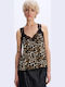 Women's Satin Lingerie Top Animal Print with Lace Leopard