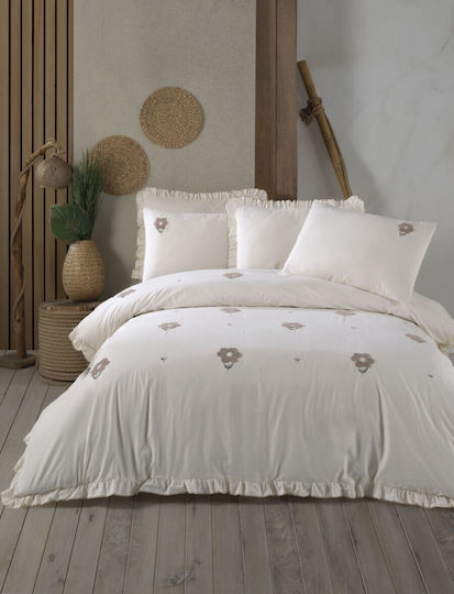 Şaheser Florita Set Husă de Pilotă 200x220 cm Dublă cu 4 Fețe de Pernă și 1 Cearșaf Bej