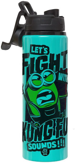 Koupakoupa Minions Let's Fight With Kung Fu Sounds Детска Бутилка За Вода Minions От Алуминий С Винтова Капачка Non Spill Тюркоазен 850ml