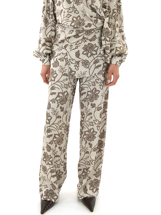 Damen Hoch tailliert Stoff Hose in Weiter Linie Blumen Brown-beige (beige)