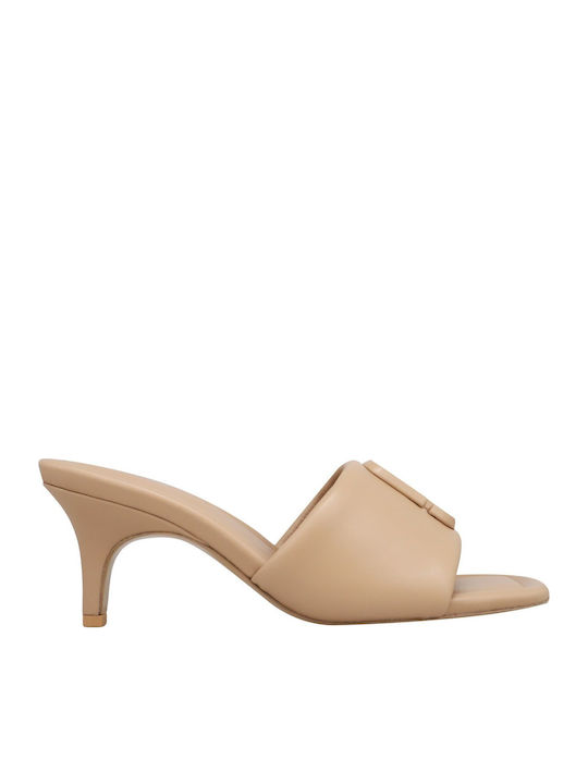 Leather Mules with High Heel in Beige Color
