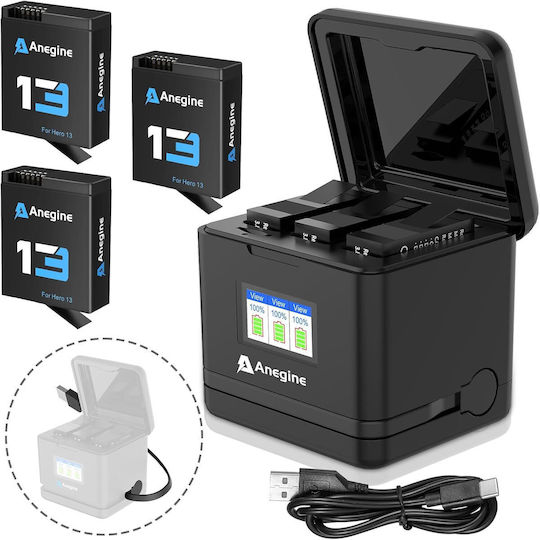 Set 3 Baterii 2300 mAh GoPro Hero 13 Încărcător Negru Cu 3 Sloturi Ecran LCD Cablu USB-A Slot USB-C Negru