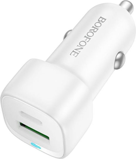 Borofone Auto-Ladegerät 18W Schnellladung mit Anschlüssen: 1xUSB 1xType-C Weiß Farbe