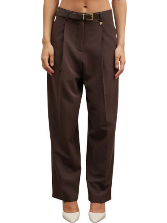 Women's High-waisted Fabric Trousers Regular Fit Brown
