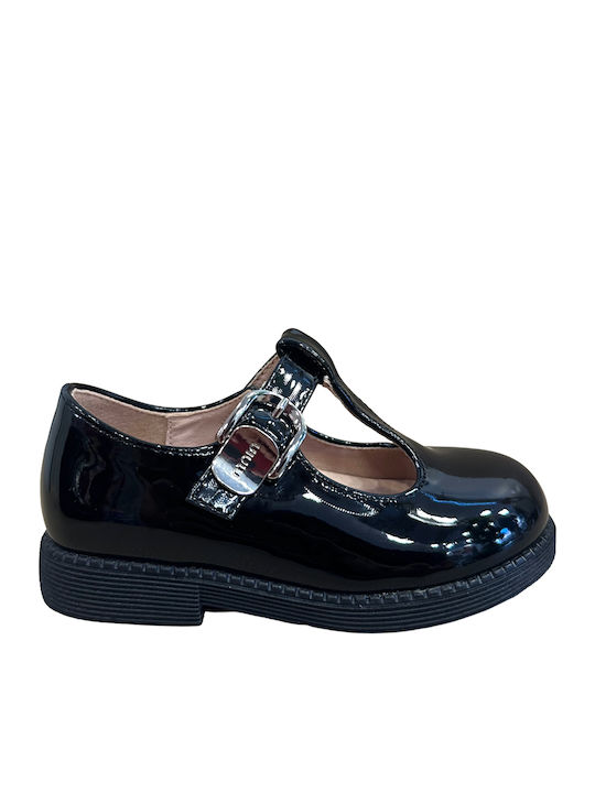 Kids Leather Ballerinas with Adjustable Metal Clasp Black