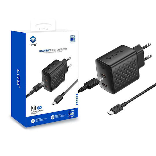 Lito Ladegerät mit integriertem Kabel GaN mit 2 USB-C Anschlüsse 45W Stromlieferung Schwarzs (LC22T)