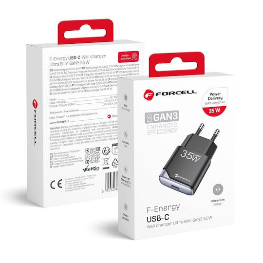Forcell Charger Without Cable GaN with USB-C Port 35W Power Delivery / Quick Charge 4.0 Blacks (F-Energy Ultra Slim)