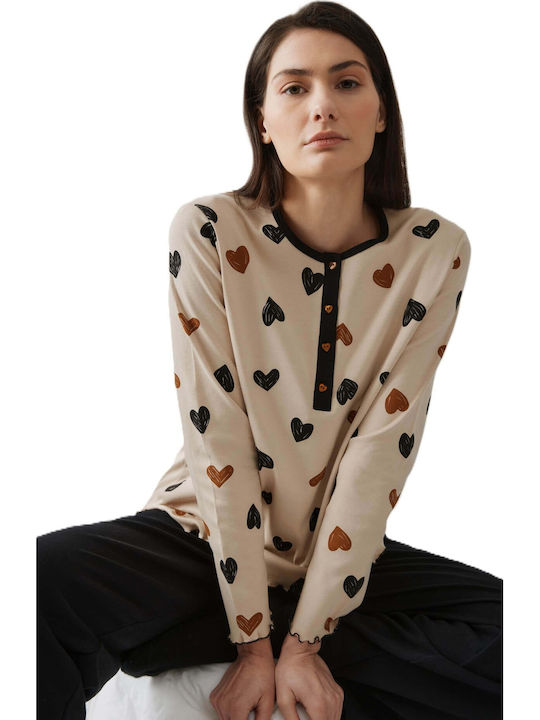 Minerva Χειμερινό Γυναικείο Σετ Πιτζάμας Beige, Black Hearts Minerva Χειμερινό Γυναικείο Σετ Πιτζάμας Beige, Black Hearts