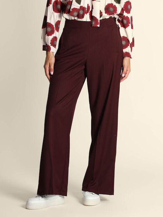 Women's Fabric Trousers with Elastic Regular Fit Burgundy