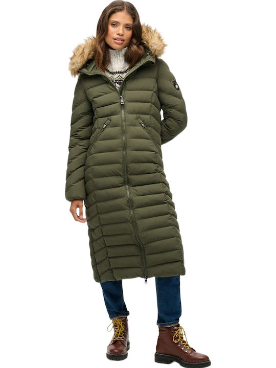Fuji Faux Μακρύ Γυναικείο Μπουφάν για Χειμώνα Beetle Green