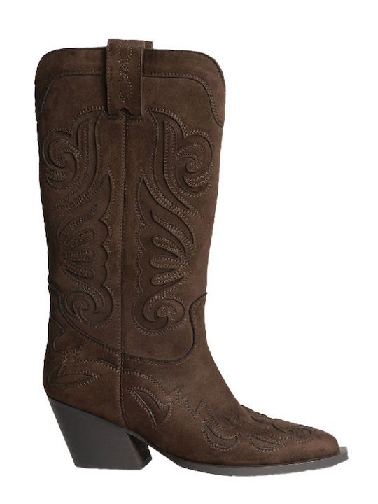 Synthetic Leather Medium Heel Women's Boots Brown