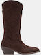 Suede Medium Heel Cowboy Boots with Zipper Brown