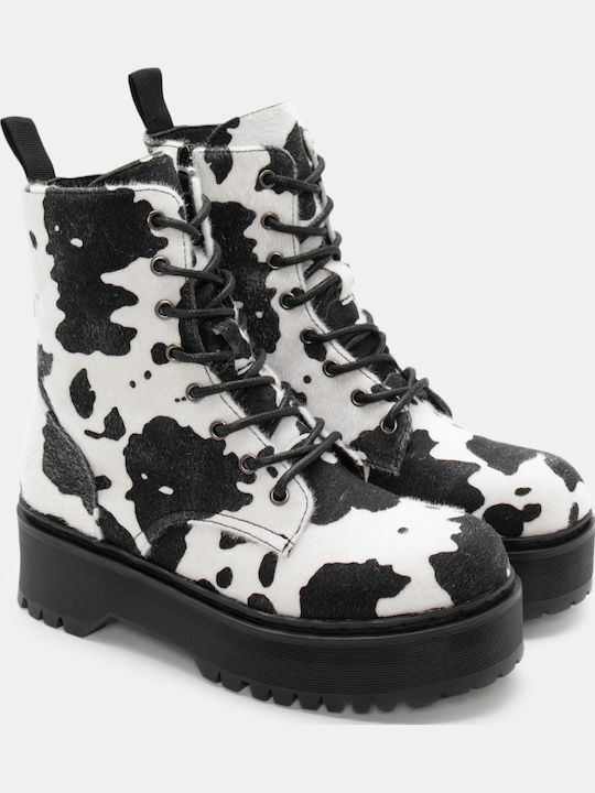 Damen Kampfstiefel mit Mittelhohem Absatz Weiß/Schwarz