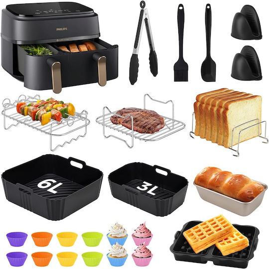 Set 23 Accesorii Philips Airfryer Dual Basket 3000/5000 Tavă Din Silicon Pentru Prăjitor Cu Aer Forme Pentru Prăjituri 2 Suporturi Formă Pentru Vafe Suport Pentru Pâine Clești