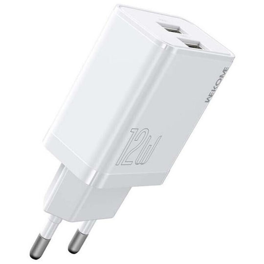 WK Φορτιστής Χωρίς Καλώδιο με 2 Θύρες USB-A 12W Λευκός (WP-U58)