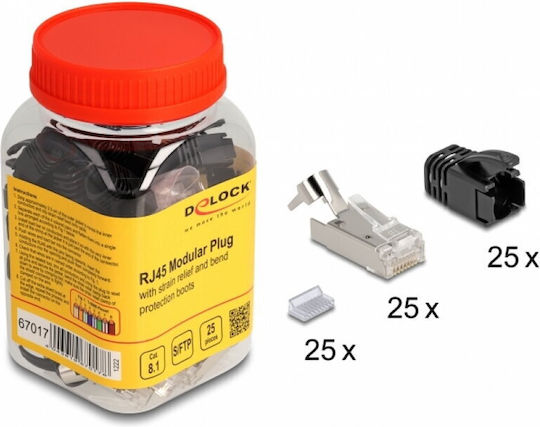 Delock Комплект 25 Броя Rj45 Sftp Cat.8.1 Конектори За Плътен Кабел + 25 Черни Бутчета Delock 67017