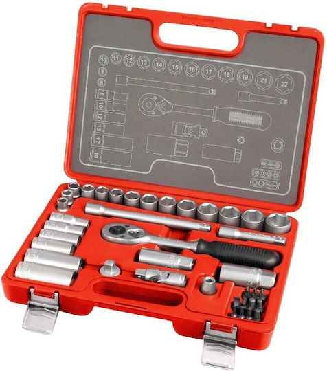 Set Profesional Extol Premium 39 Piese Chei Tubulare Biți 3/8" Șurubelniță cu Clichet