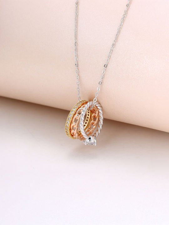 Chrysothemiss Women's Necklace Trinity Harmony Three Rings Silver Gold & Rose Gold Zircon