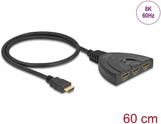Delock Comutator HDMI 3 Porturi 8K60Hz/4K144Hz + Cablu Integrat 60cm Delock 18649