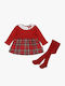 Girls Dress Long Sleeve Checked Set with Tights Red