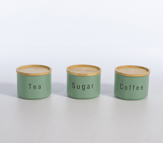 Nef-Nef Homeware Set 3 Bucăți Vaze pentru Cafea / Ceai / Zahăr cu Capac Metalic Verde 12x8.8x12cm 3 Bucăți