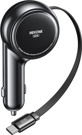WK Wp-c50 Auto-Ladegerät 60W 3A Schnellladung mit einem Anschluss: 1xType-C mit Kabel Eingebettet / Typ-C,TC-TC Schwarz Farbe