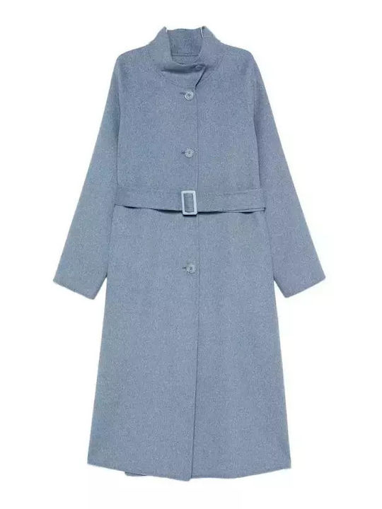 Woolen Women's Blue Melange Coat with Belt