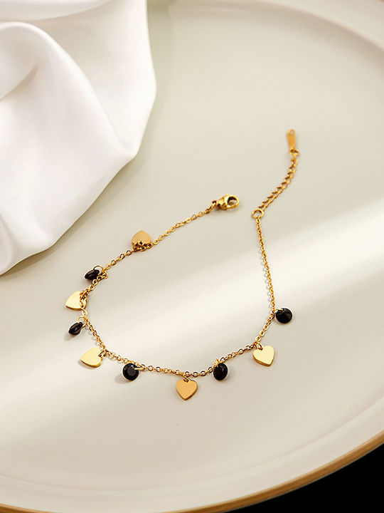 Стоманена Верига Anklet Черни Кристалчета Сърца Златна 20см 1бр