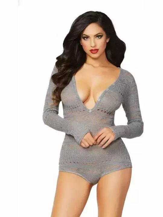 Women's Knitted Bodysuit Seven Til Midnight 277918 10-256 Deep Neckline Decorative Buttons Xl Gray