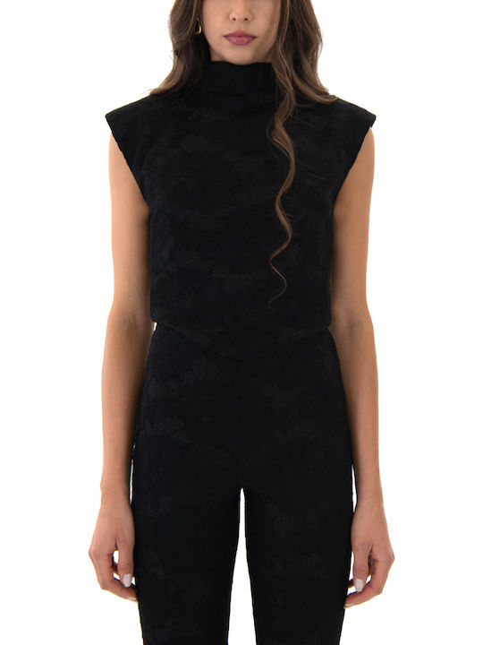Women's Crop Top Sleeveless with Zipper Floral Black