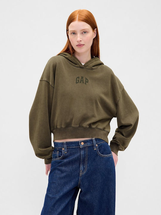 Cropped Γυναικείο Φούτερ με Κουκούλα Black, Moss Green