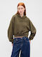 Cropped Γυναικείο Φούτερ με Κουκούλα Black, Moss Green