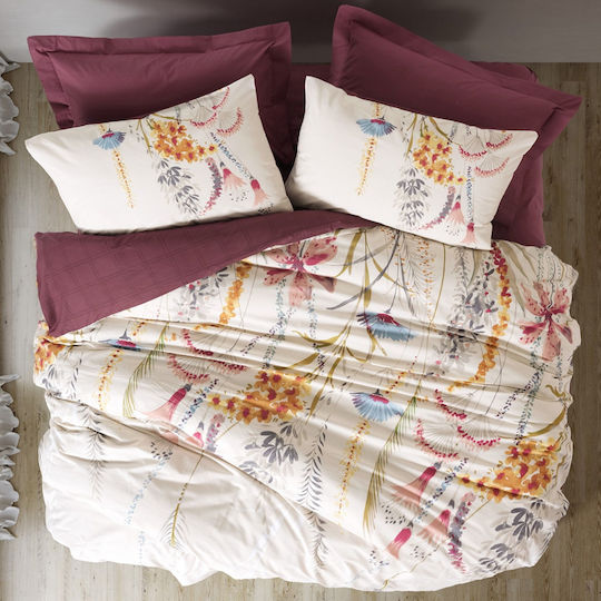 Cotton Box Flos Baumwolle Bettbezug Set 160x220cm Einzelbett mit Kissenbezug Burgundisch
