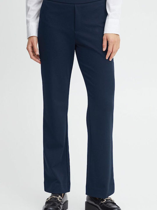Women's Fabric Capri Trousers with Elastic Regular Fit Navy