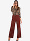 Women's High-waisted Fabric Trousers with Elastic Wine