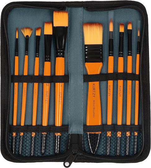 Set 10 Pensule De Pictură Kurtzy Cu Toc De Depozitare Nailon Diverse Mărimi Acrilic Ulei Acuarele Maro