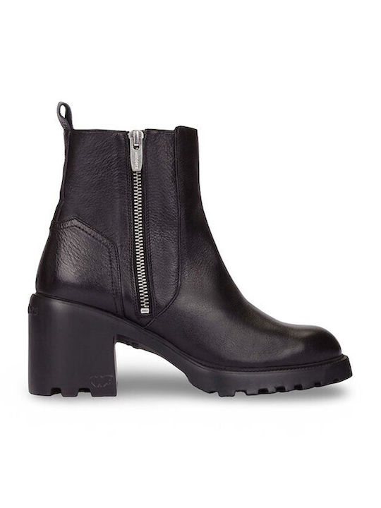 Leather Women's Ankle Boots with Medium Heel Black