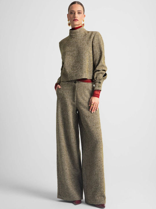 Women's High-waisted Fabric Trousers Khaki