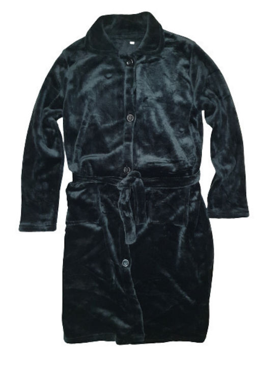 Women's Robe Fleece Fluffy Velvet Black Buttons Down
