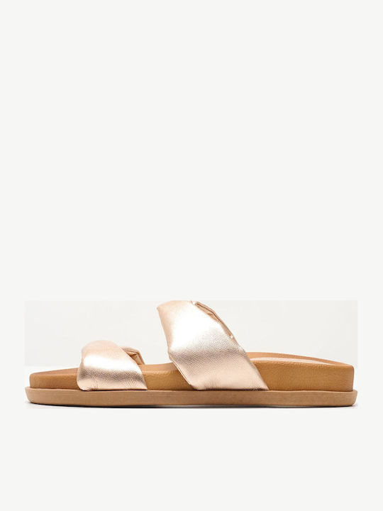 Leather Women's Flat Sandals in Gold Color